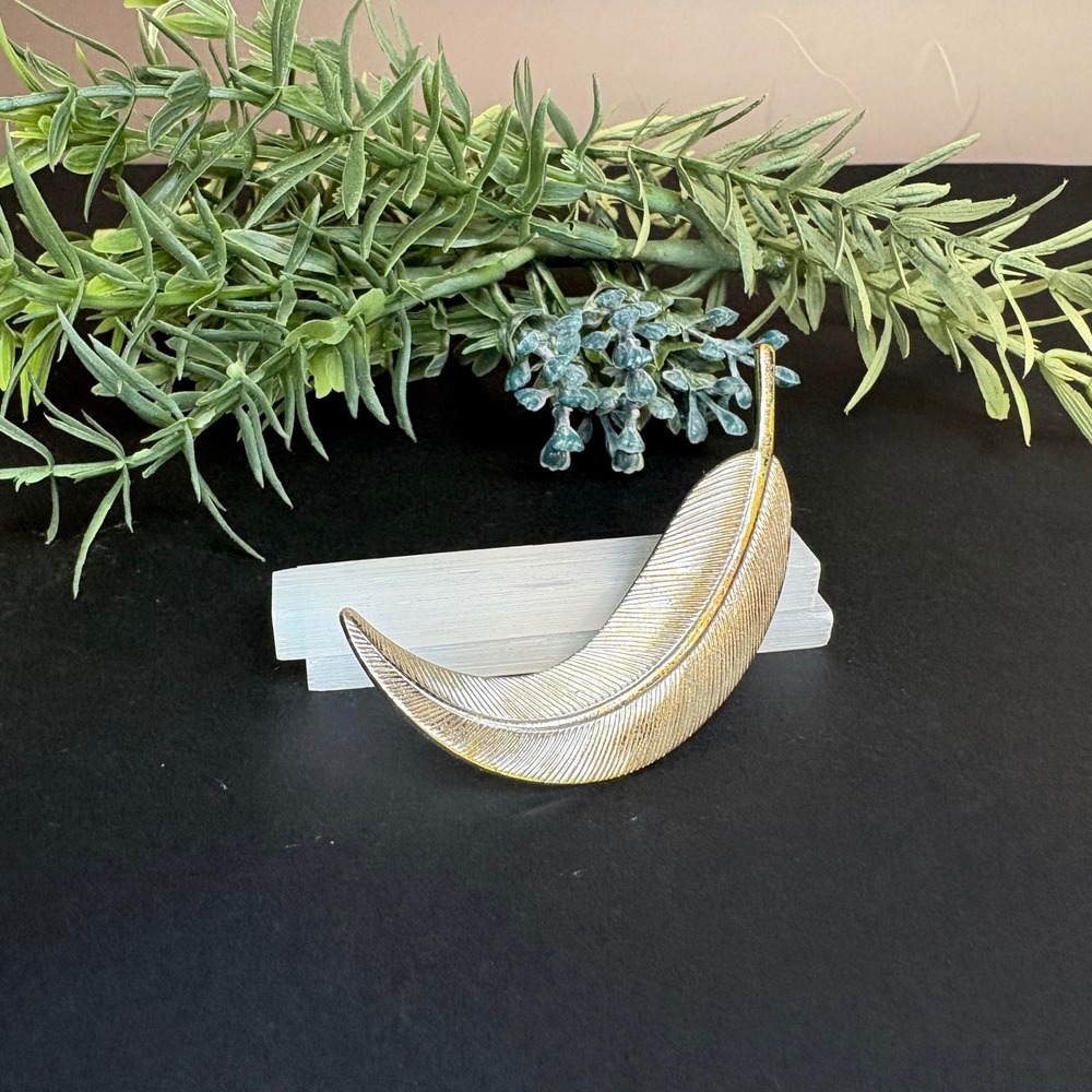 Curved Leaf Silver Tone Brooch | Vintage Crescent Pin | Textured Statement